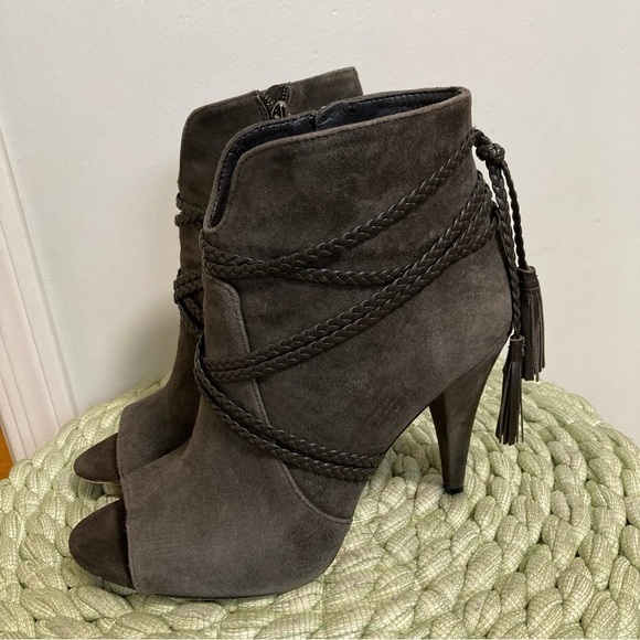 Vince Camuto Astan Charcoal Suede Leather Braided Wrap Tassel Open Toe Booties - Picture 2 of 7
